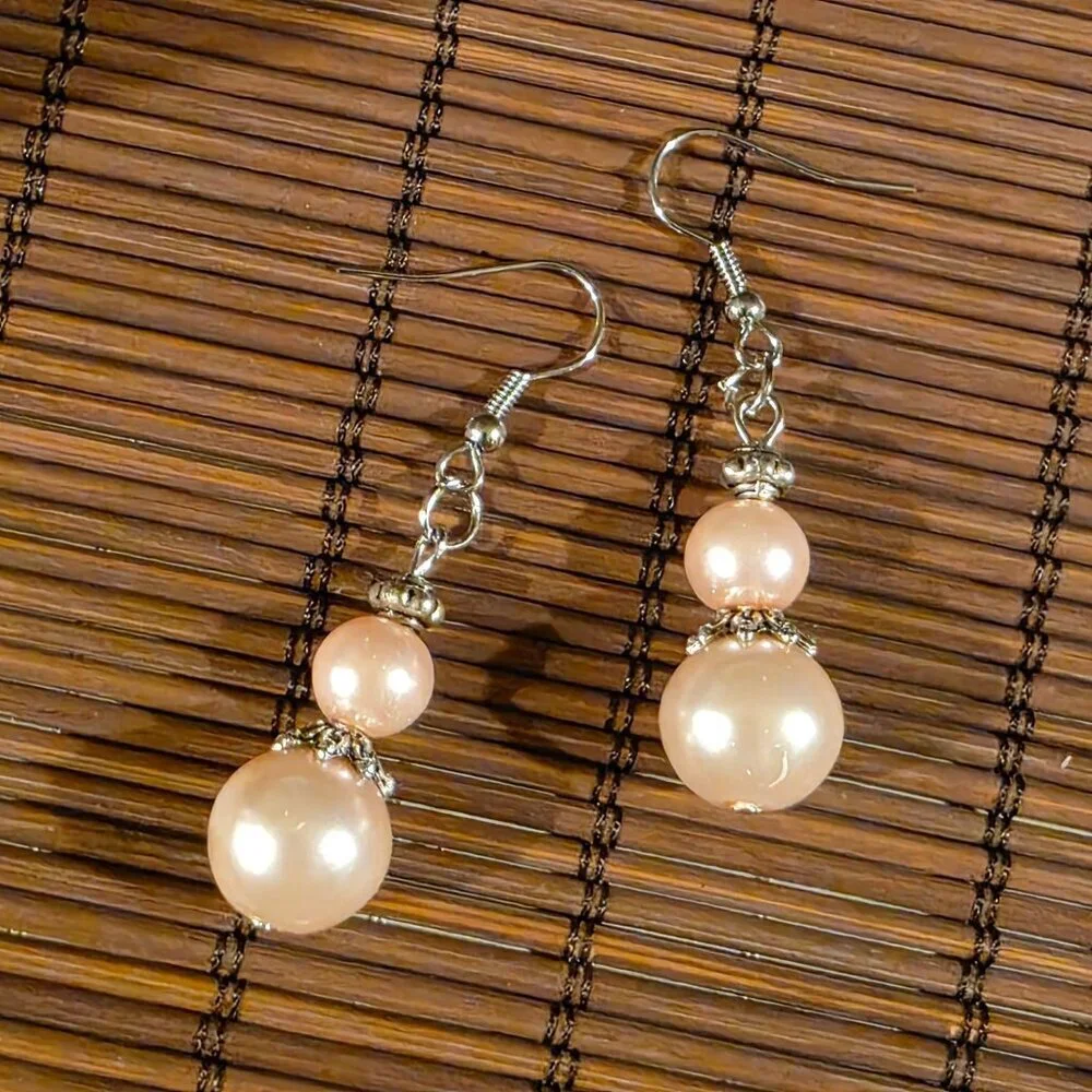 Handcrafted Light Pink Antiqued Silver Glass Pearl Drop Earrings